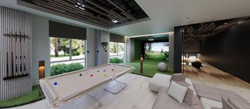 Gaming area with card table, billiards, virtual golf simulator with putting green, mini bowling, foosball and the blu agave lounge